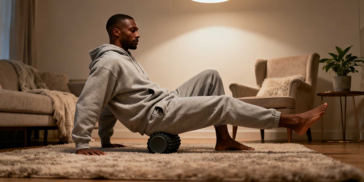 A full length photo of an athlete slowly rolling their leg muscles on a foam roller in a warmly lit living room.
