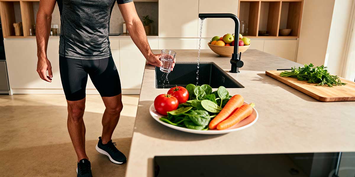 A male athlete in black training gear standing by a table and pouring a glass of water next to a plate of vegetables.
