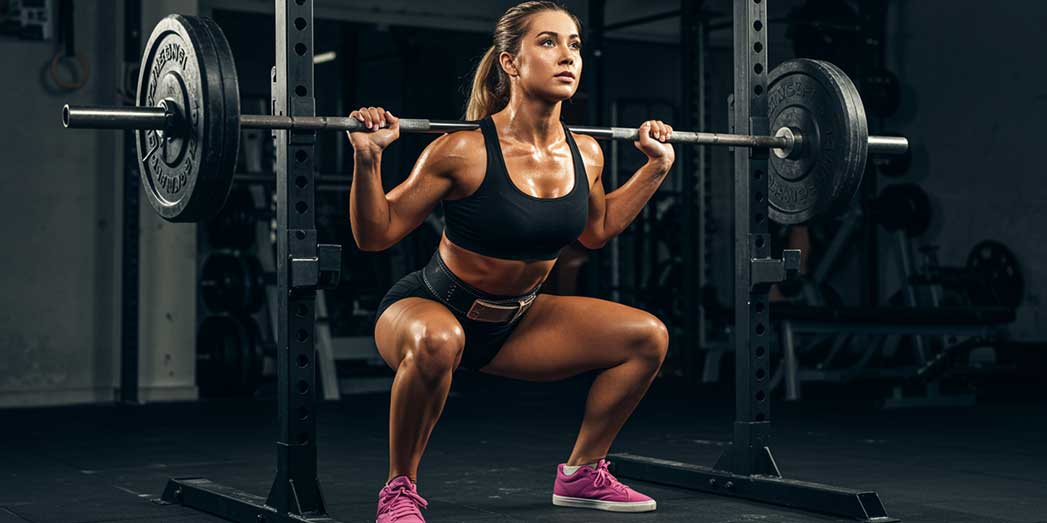 A full length image of a female athlete performing a barbell squat in a gym to demonstrate physical strength and internal metabolic health.