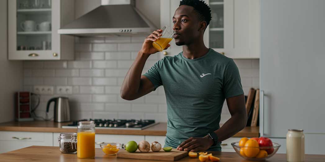 A runner in athletic gear stands in a bright kitchen drinking a glass of water before heading out