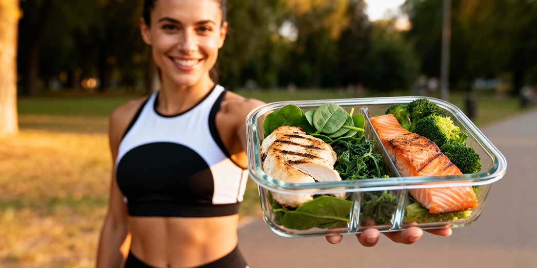 A fit athlete holding a glass container featuring a high protein meal of chicken and greens for weight loss.