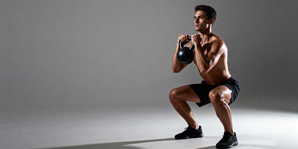 A full length photo of an athlete performing a weighted squat to demonstrate the importance of resistance training for muscle health.