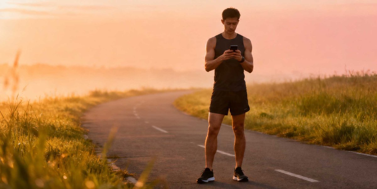 A full-length photo of a male runner checking his smartphone for coaching feedback during a sunrise training session.
