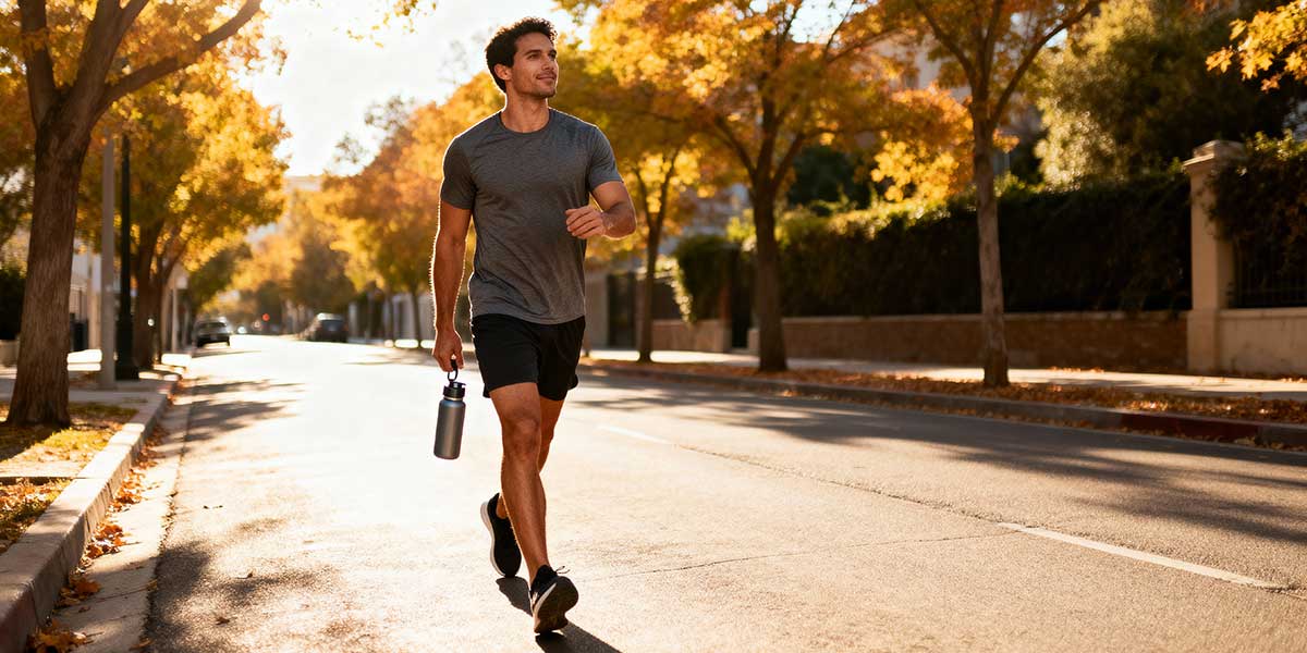 A full-length shot of an athlete walking confidently through a park in high-quality training gear.