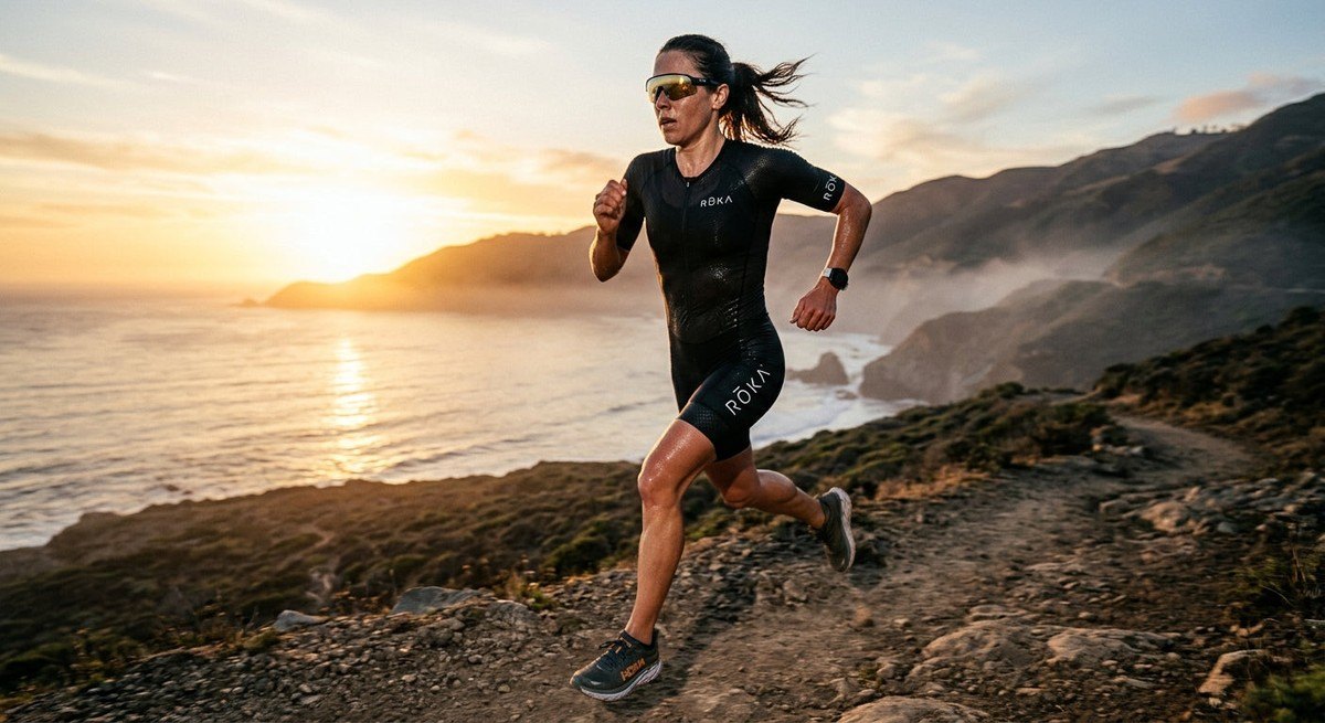 Athletic action shot of a runner at dawn with the ROKA San Remo AIR, capturing sweat droplets and sharp lens reflections.