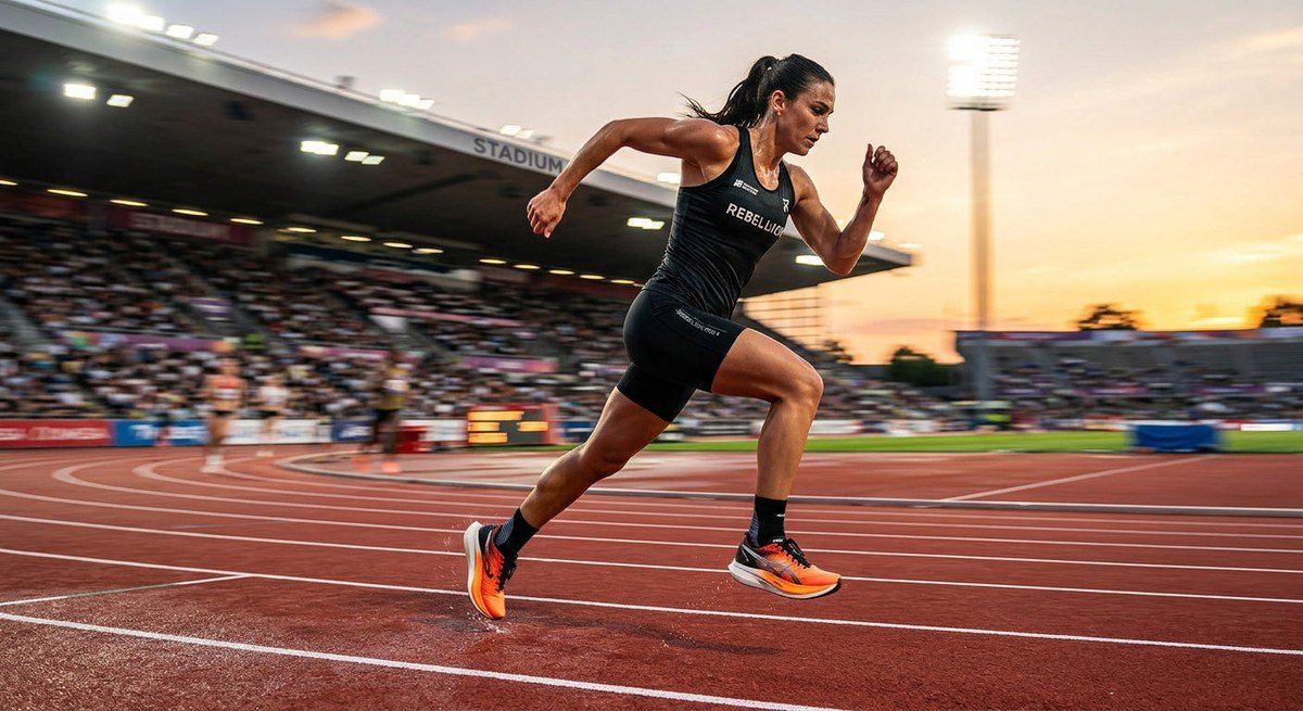 Athletic action shot of a runner testing the Rebellion Pro 4 on a stadium track with motion blur.