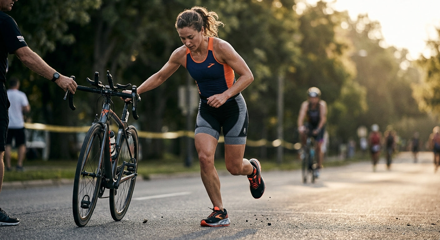 Athletic action shot of a runner transitioning from a bike to a run, highlighting precision footwear engineering.