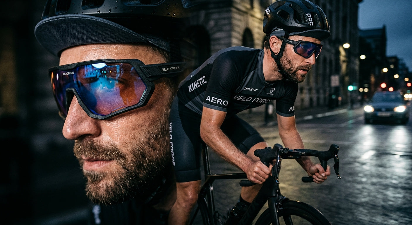 Athletic cyclist wearing advanced eyewear in a moody, high-contrast environment, focusing on the sharp fine details of the lens coating and frame geometry.