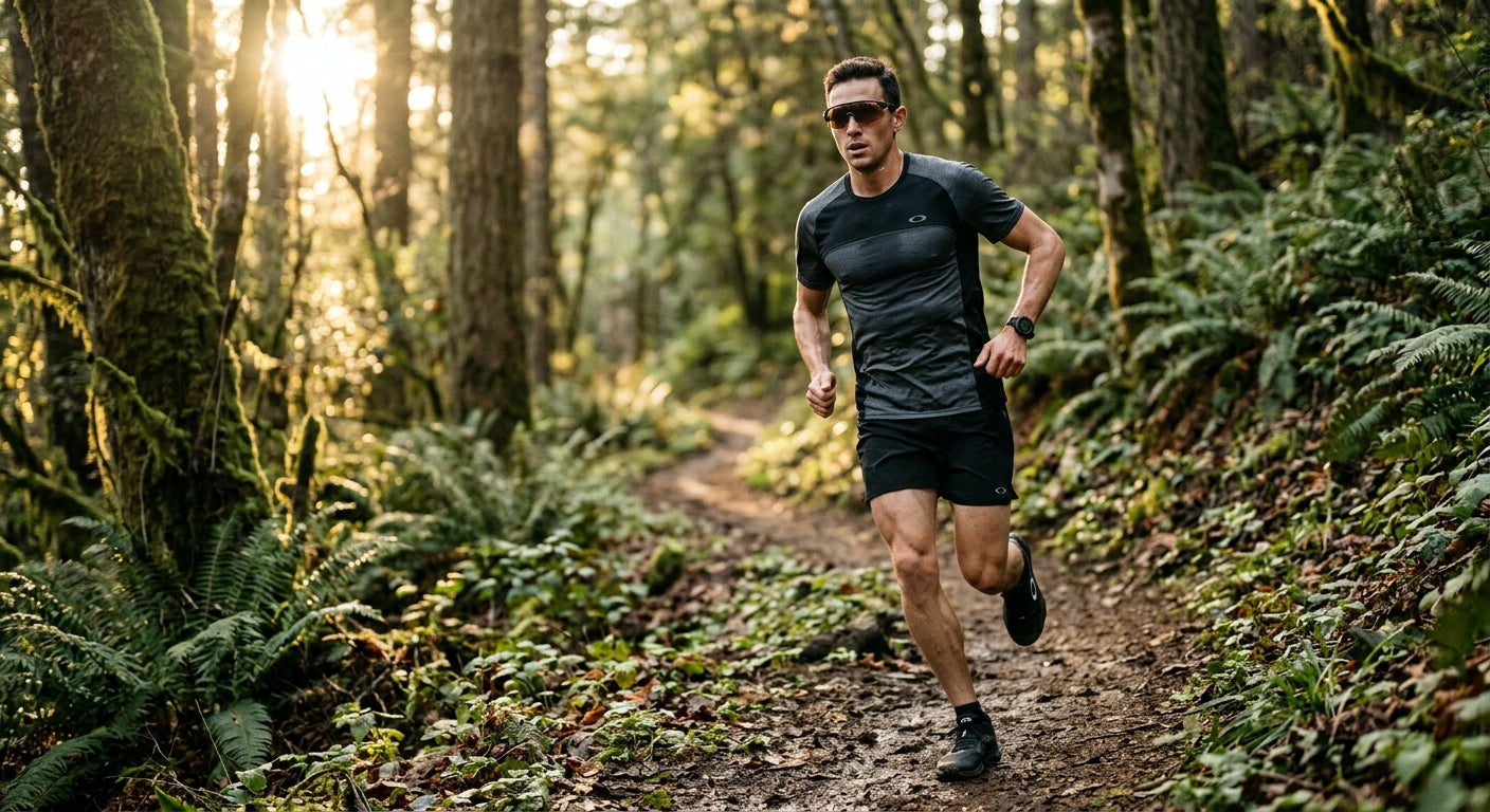 Athletic runner in a forest setting wearing the new Oakley Sphaera Strike, demonstrating the wide field of view and sleek aerodynamic design.