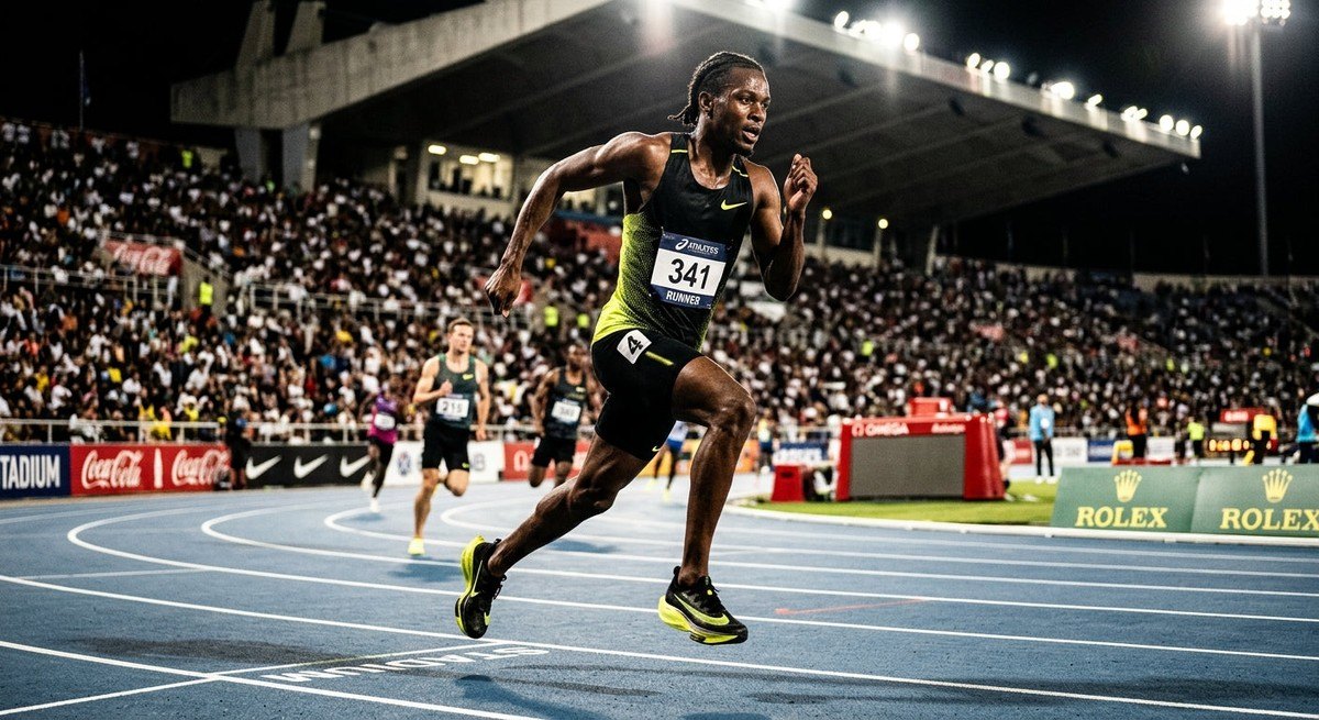 Athletic runner in mid-stride during a high-intensity race with sharp details and high-contrast stadium shadows