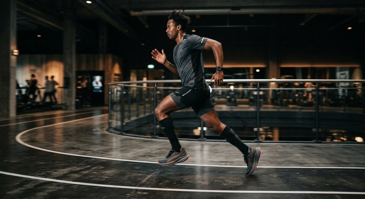 Athletic runner in motion blur demonstrating the rocker geometry of a premium recovery shoe in a moody, professional environment.