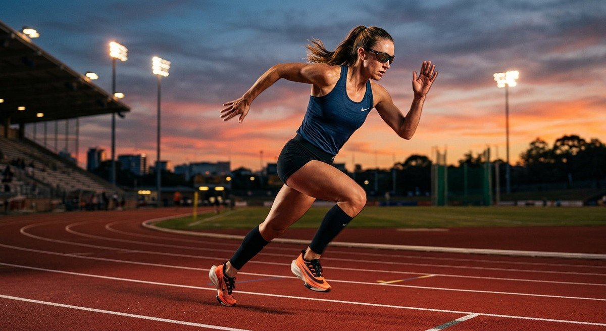 Athletic runner sprinting on a track at twilight, wearing sleek Tifosi Moab sunglasses with high-contrast cinematic lighting and sharp details.