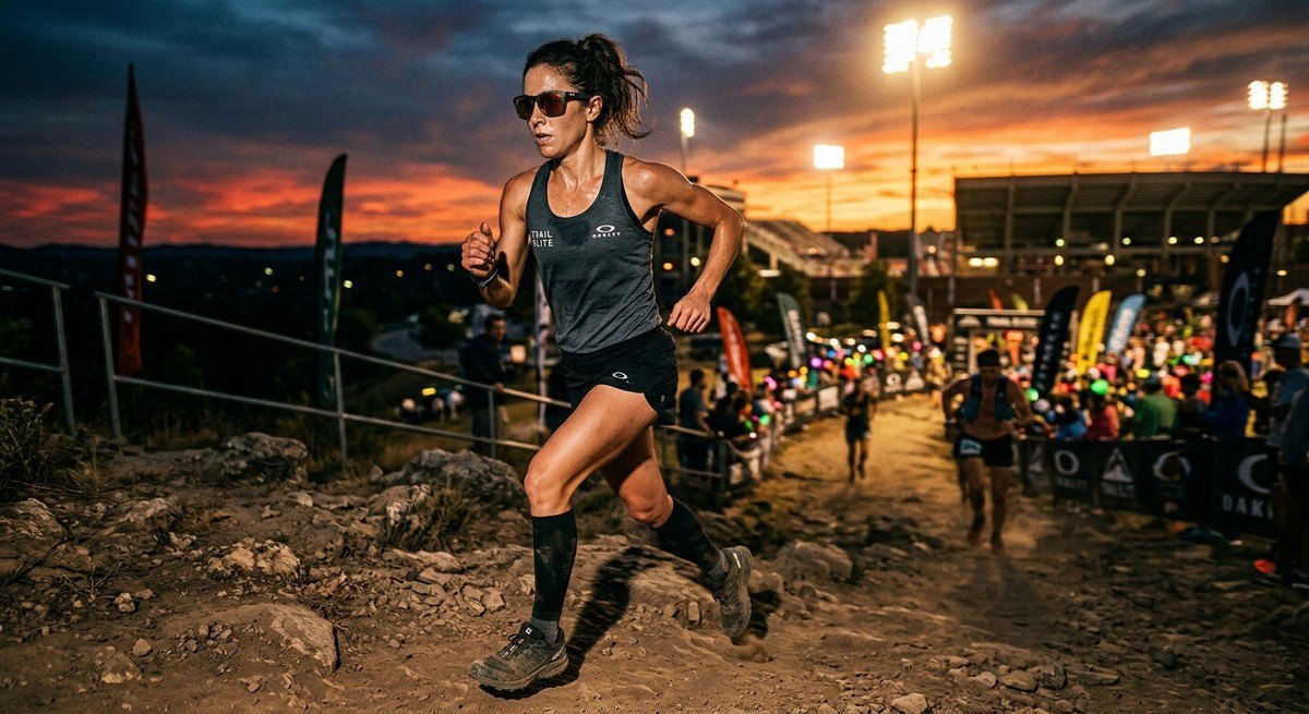 Athletic trail runner in motion wearing Oakley RSLV Lite sunglasses under dramatic sunset stadium lighting.