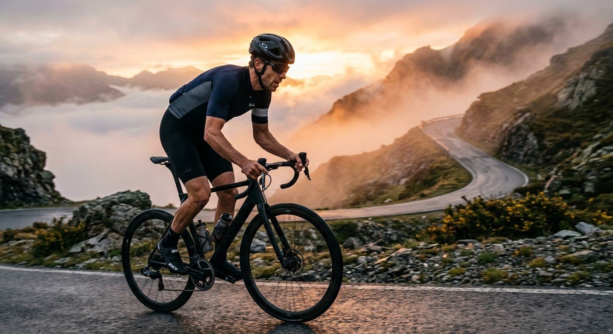 Atmospheric shot of a rider ascending a foggy peak at sunrise, capturing the intensity and focus of professional cycling