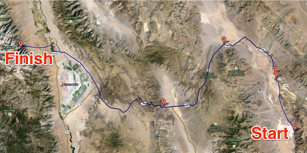 Badwater Ultra Marathon Run Route California Desert Death Valley Mount Whitney