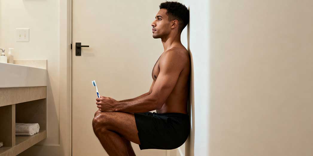 A full-length shot of an athlete performing a wall sit while brushing their teeth in a modern bathroom.