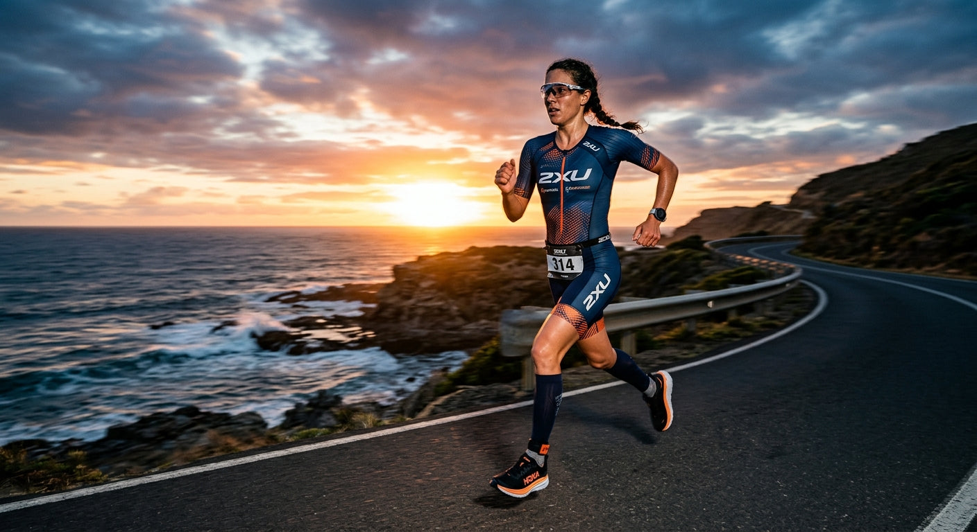 Cinematic action shot of a triathlete in aerodynamic gear running during a sunset training session.