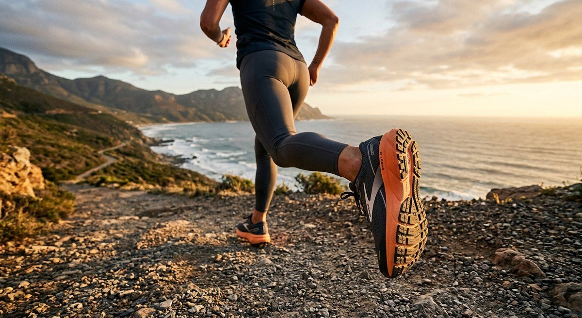 Cinematic lighting highlighting the durable rubber outsole and cushioned midsole of the Brooks Ghost 18, emphasising its construction quality.