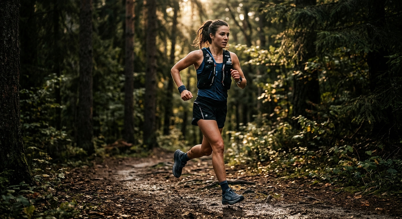 Cinematic lighting on a triathlete running through a forest path while wearing a hydration vest and performance gear.