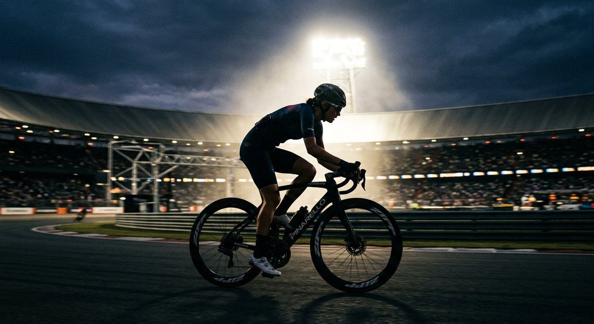 Cinematic shot of a cyclist silhouetted against a stadium light, showcasing the sleek profile of modern cycling apparel.