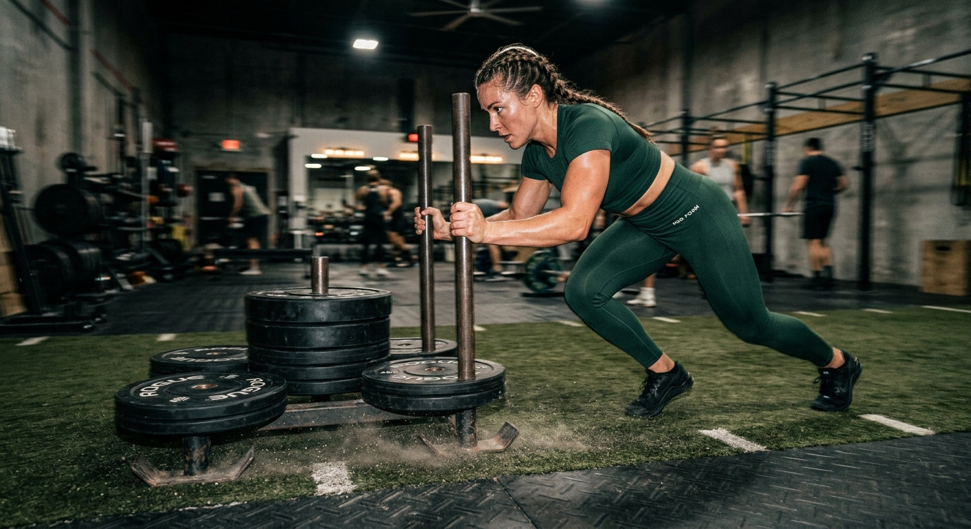 Cinematic shot of a focused athlete in seamless apparel performing a powerful sled push, capturing motion blur and textured floor details