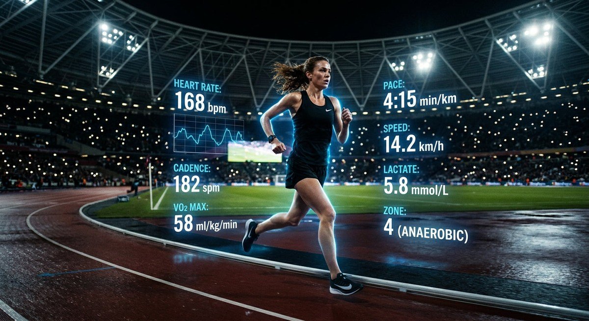 Cinematic shot of a runner in a stadium at night, with digital data overlays representing metabolic performance metrics