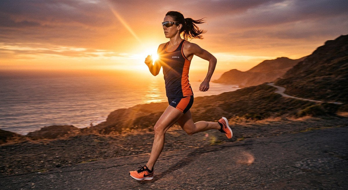 Cinematic shot of a runner in mid-stride during a sunset, wearing sleek wrap-around prescription sunglasses with lens flare.