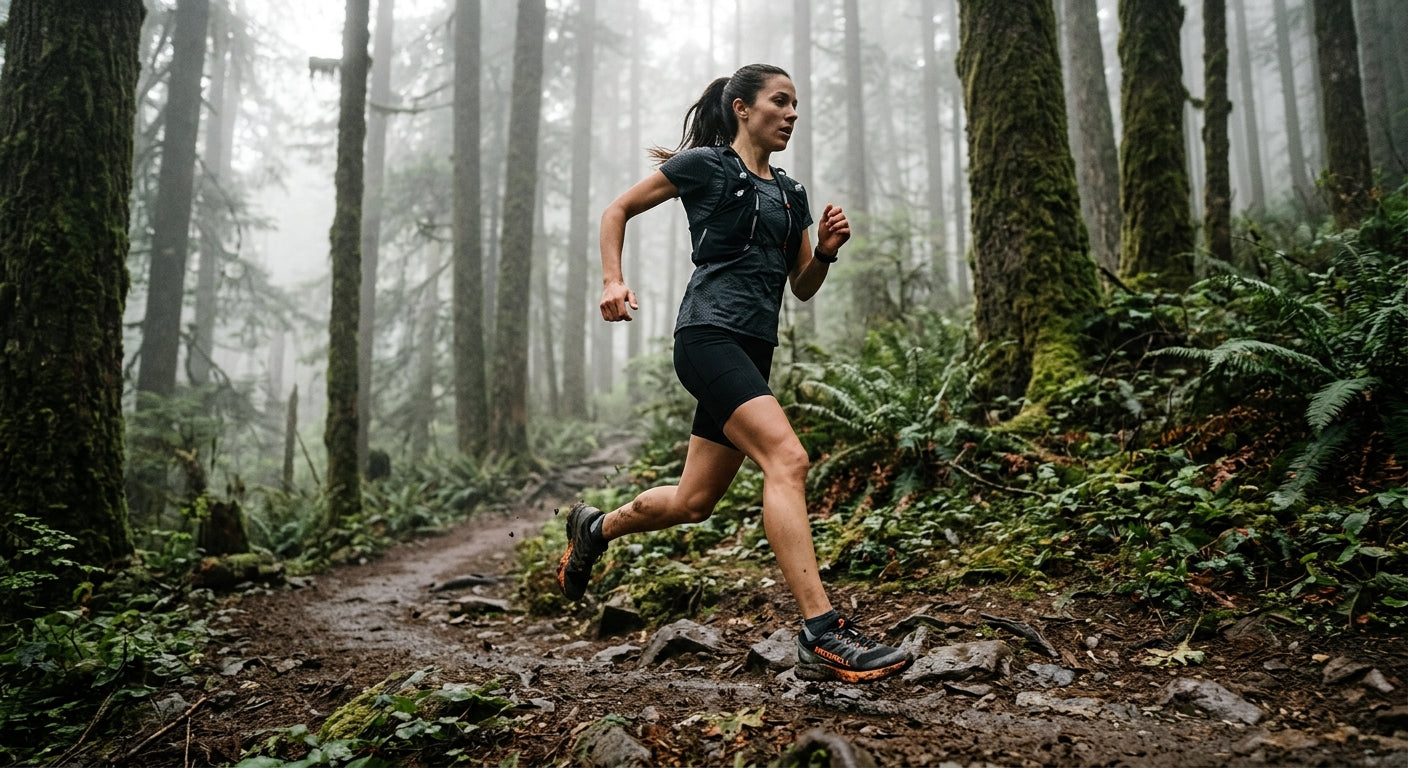 Cinematic shot of a runner in motion on a misty forest trail, highlighting the sleek silhouette and technical design of the Merrell MTL SpeedARC Peak.