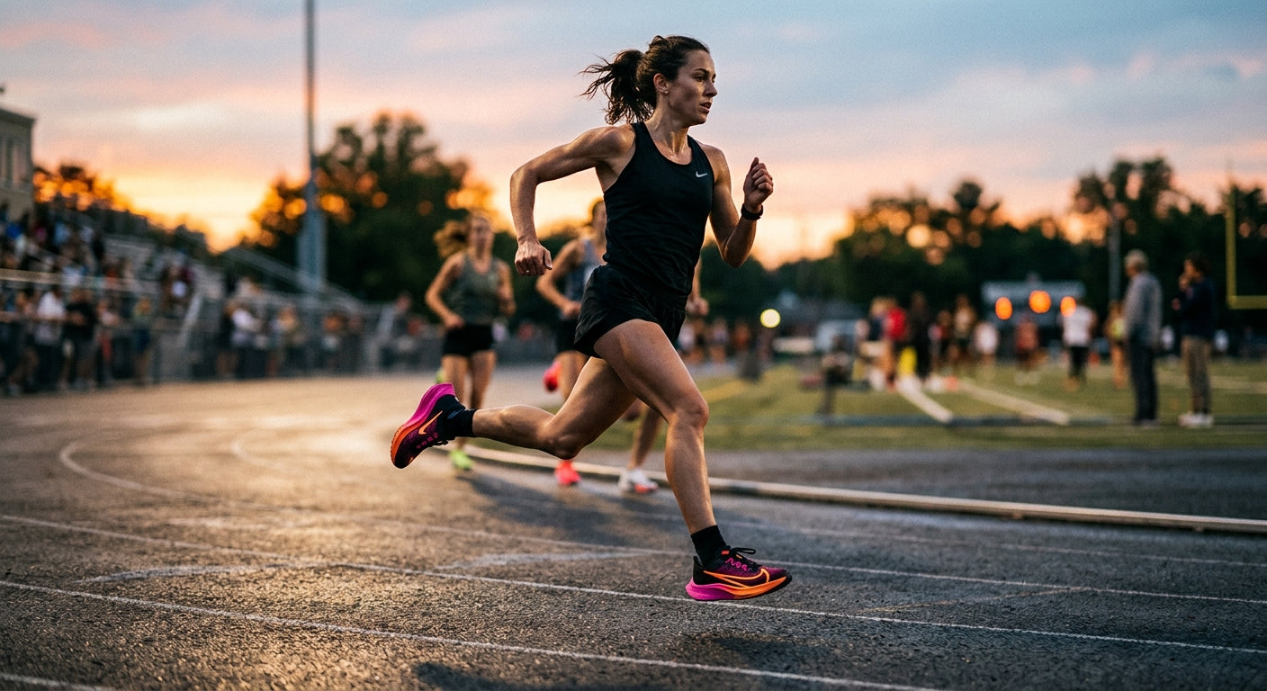 Cinematic shot of a runner in motion wearing the Nike Rival Fly 5, highlighting the shoe's sleek silhouette and aggressive geometry.
