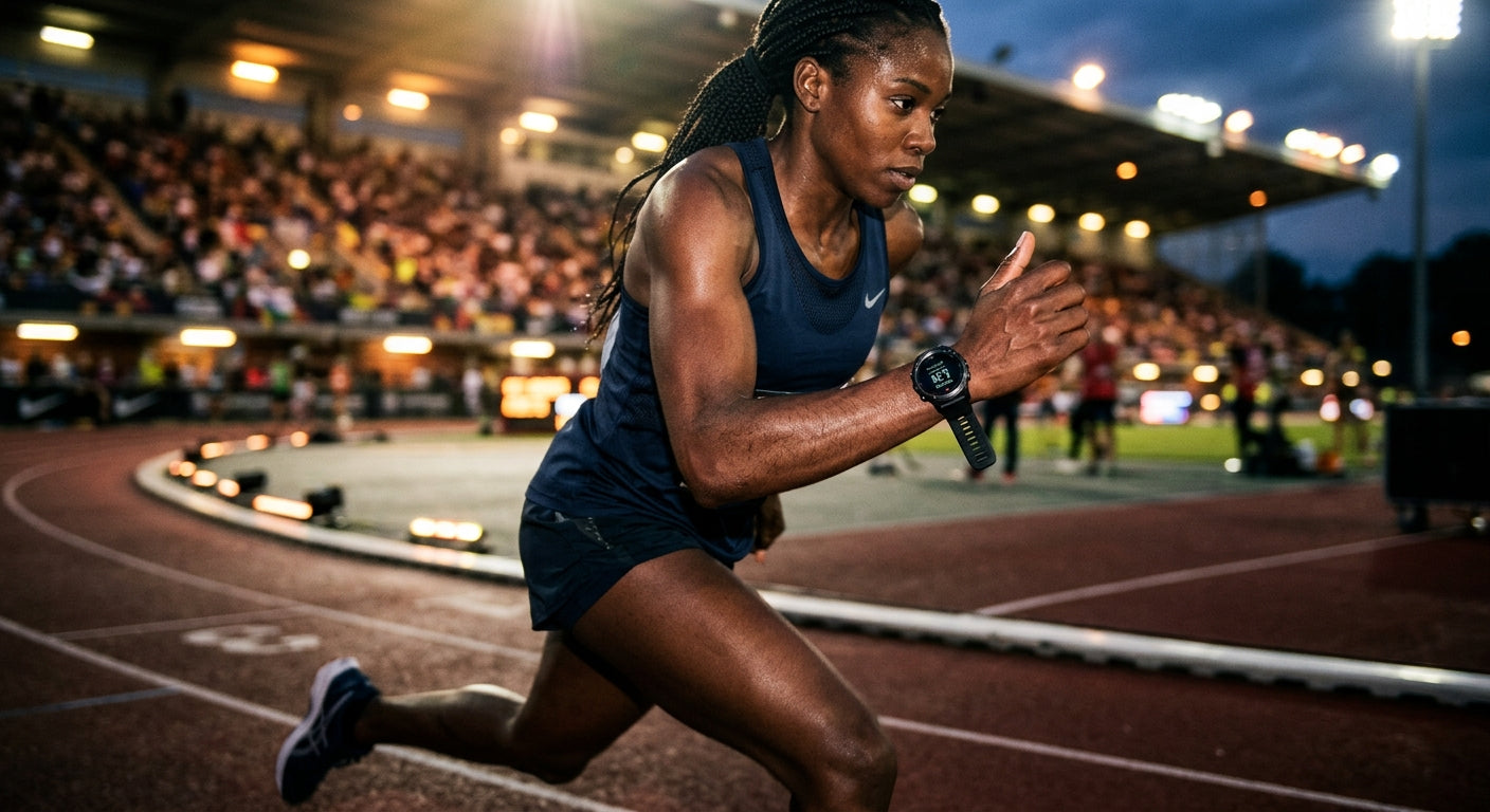 Cinematic shot of a runner in motion with sharp focus on the wearable device, showcasing realistic skin textures and atmospheric stadium lighting.
