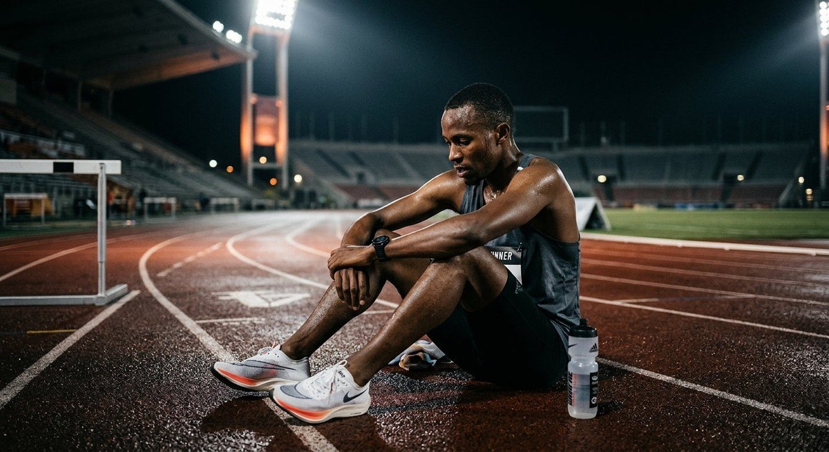 Cinematic shot of a runner resting on a track, with sharp details and moody stadium lighting reflecting the recovery phase.