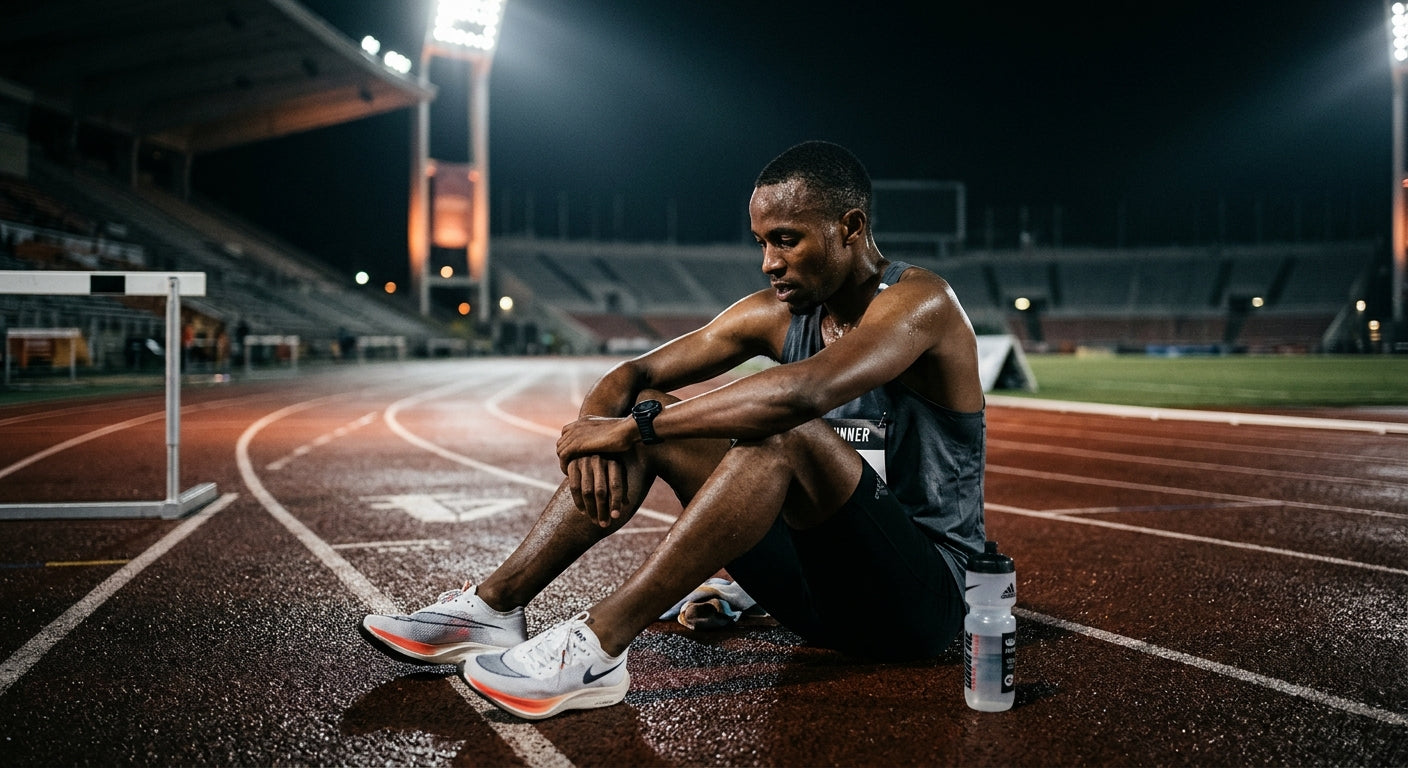 Cinematic shot of a runner resting on a track, with sharp details and moody stadium lighting reflecting the recovery phase.