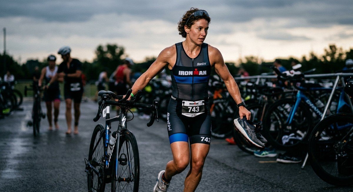 Cinematic shot of a triathlete transitioning between stages with sharp focus on the athletic physique and moody, high-contrast lighting.
