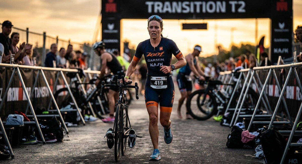 Cinematic shot of a triathlete transitioning during a race, with dramatic contrast and sharp focus on the athlete's determined expression.