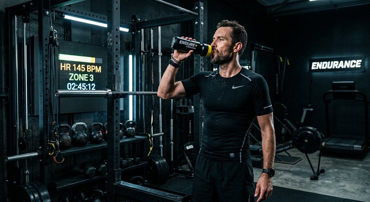 Cinematic shot of an endurance athlete drinking a sports supplement in a dark, high-tech training facility with sharp, professional textures