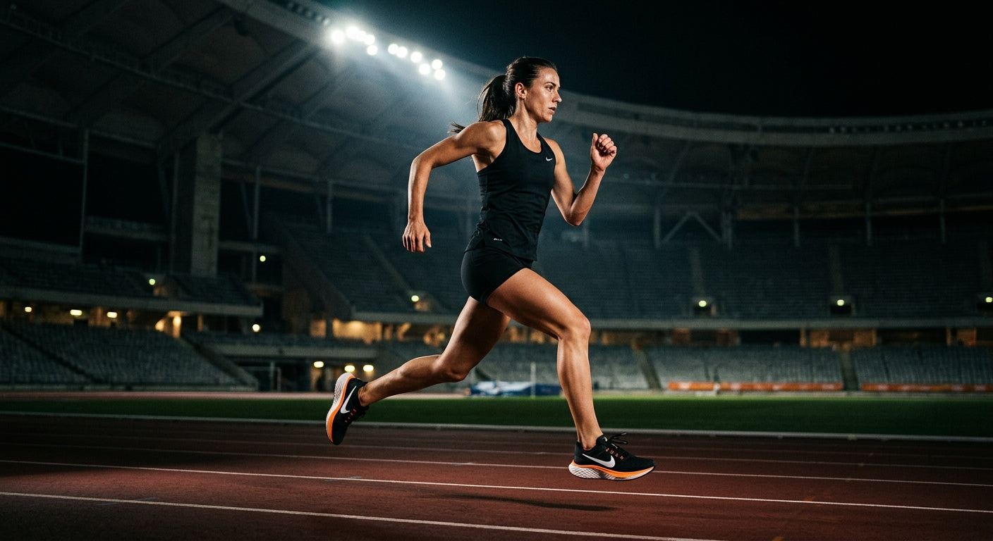 Cinematic stadium lighting illuminating a runner in motion, highlighting the sleek design of the Nike Pegasus Plus 2.