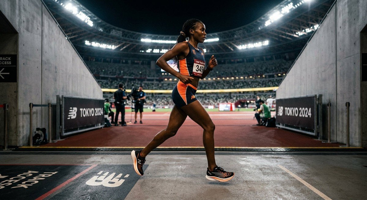 Cinematic stadium lighting illuminating a runner in a transition zone, focusing on the aerodynamic profile of the upcoming New Balance racing footwear.