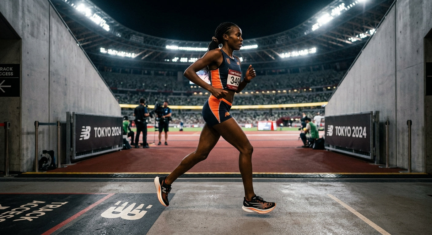 Cinematic stadium lighting illuminating a runner in a transition zone, focusing on the aerodynamic profile of the upcoming New Balance racing footwear.