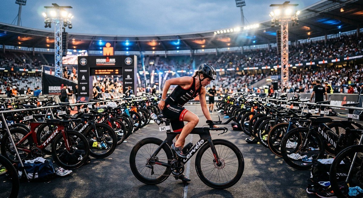 Cinematic stadium lighting illuminating a transition area with rows of high-end triathlon bikes ready for an international race.