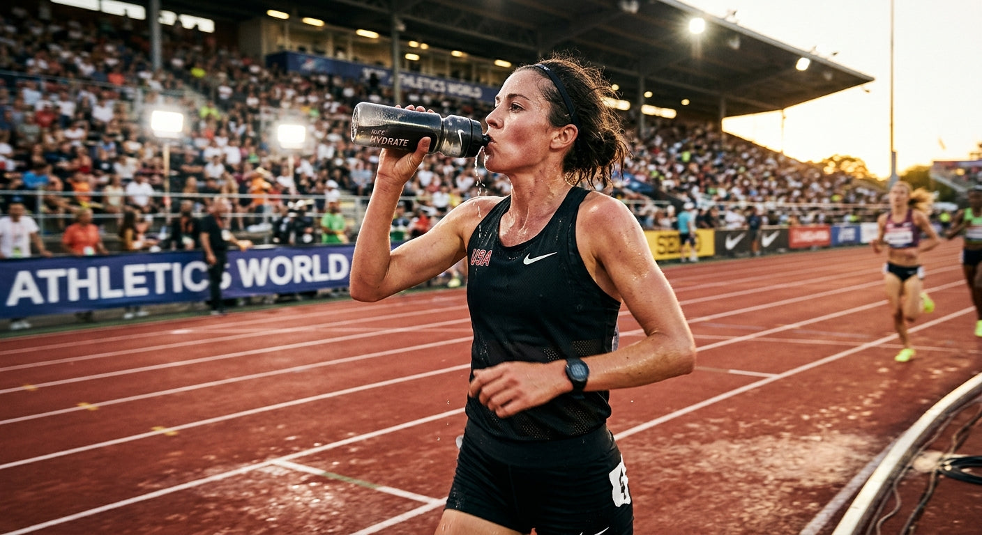 Cinematic stadium lighting on an athlete drinking from a water bottle on a hot track, professional high-speed action photography, sharp realistic textures, dramatic contrast, running motion blur.