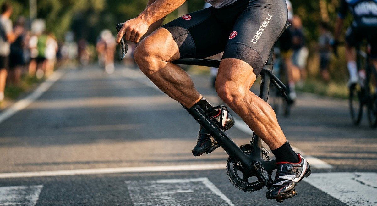 Close-up action shot of a cyclist's muscular leg muscles engaged during a high-intensity sprint effort.