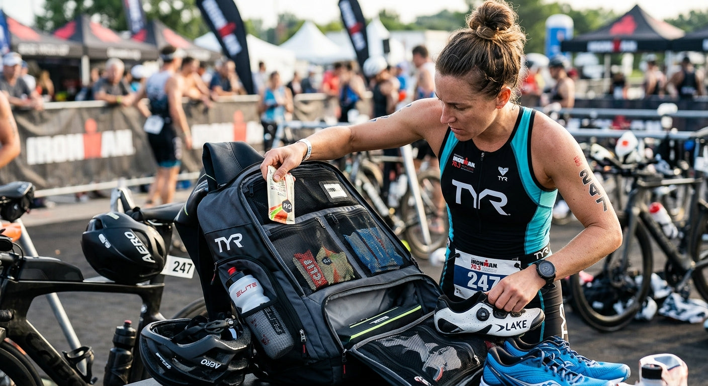 Close-up action shot of a dedicated athlete organising gear in a professional transition bag, emphasising technical compartments.