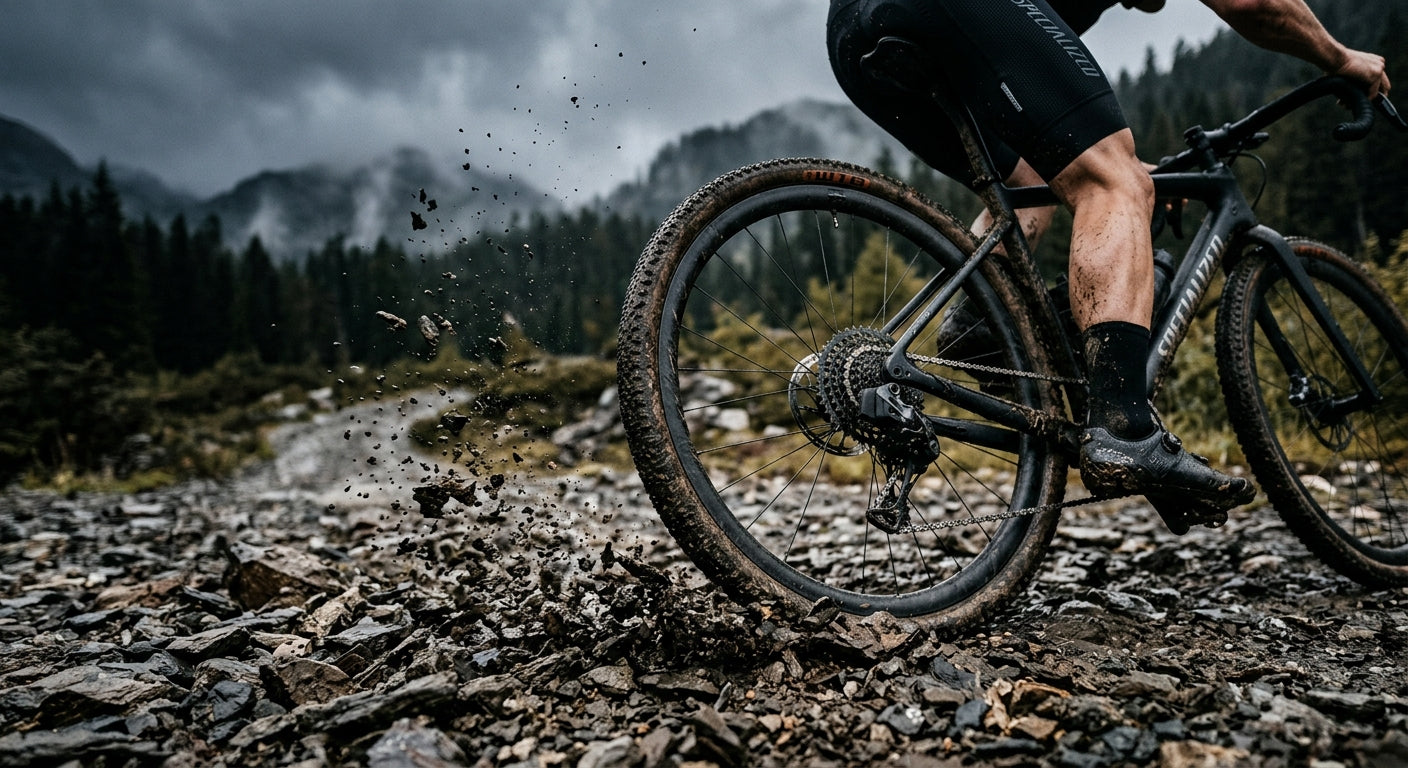 Close-up action shot of a high-performance gravel bike tyre gripping loose rocks, showing sharp texture and realistic mud spray in a moody, high-contrast setting.