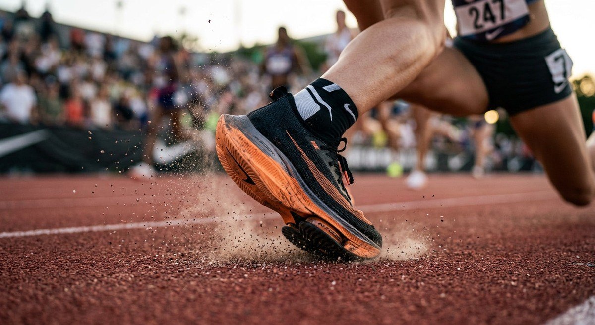 Close-up action shot of a runner's feet hitting the track, showing fine details of the running shoe texture and dust particles in the air.