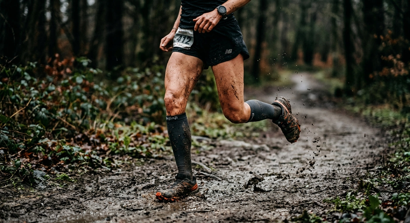 Close-up action shot of a runner's legs in a mud-splattered park with moody cinematic lighting and high-speed motion detail.