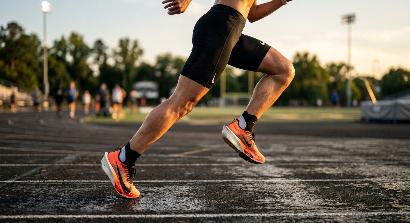 Close-up action shot of a runner's legs in motion with professional lighting highlighting the texture of athletic skin.