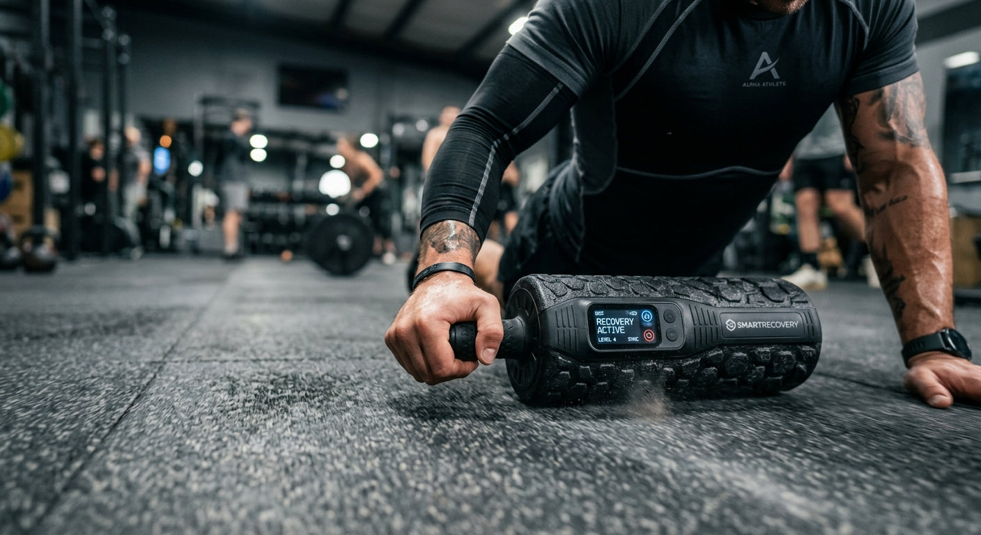 Close-up action shot of a smart recovery roller on a textured gym floor with cinematic motion blur and sharp fine details.