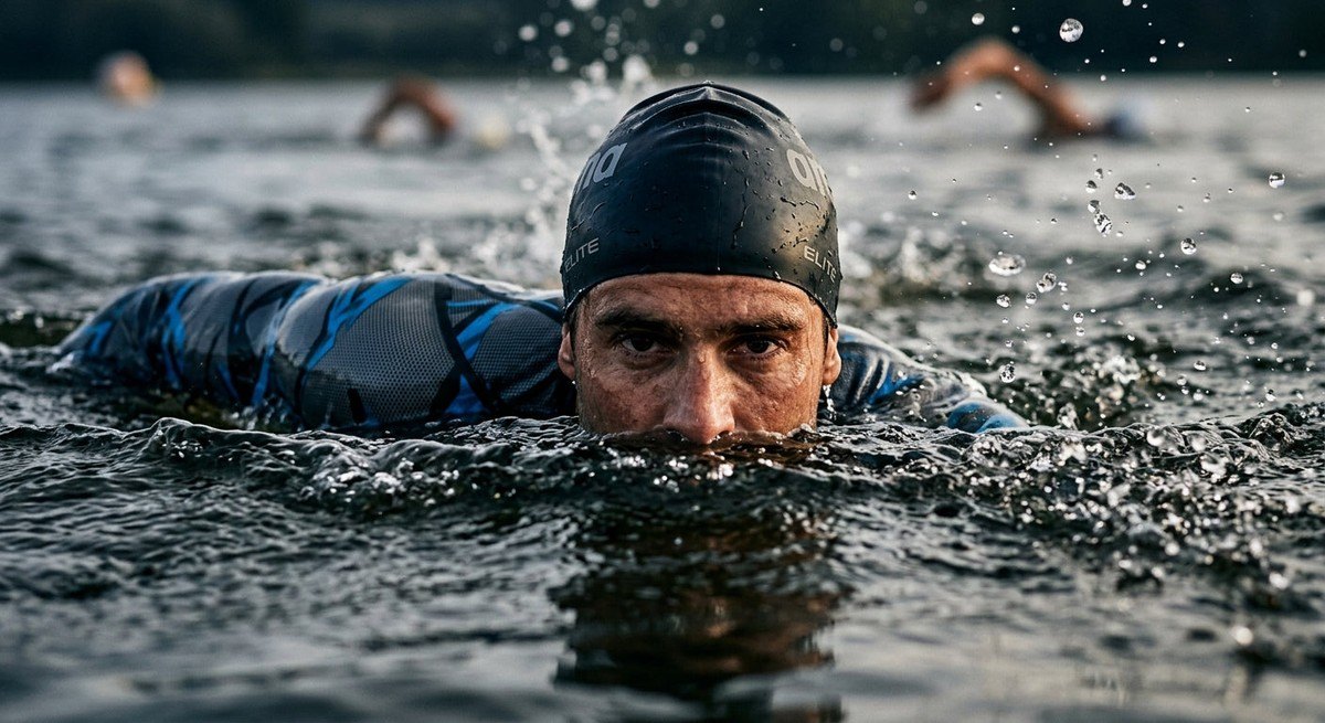 Close-up action shot of a swimmer eyes just above the water surface demonstrating the alligator sighting technique with dramatic water droplets.