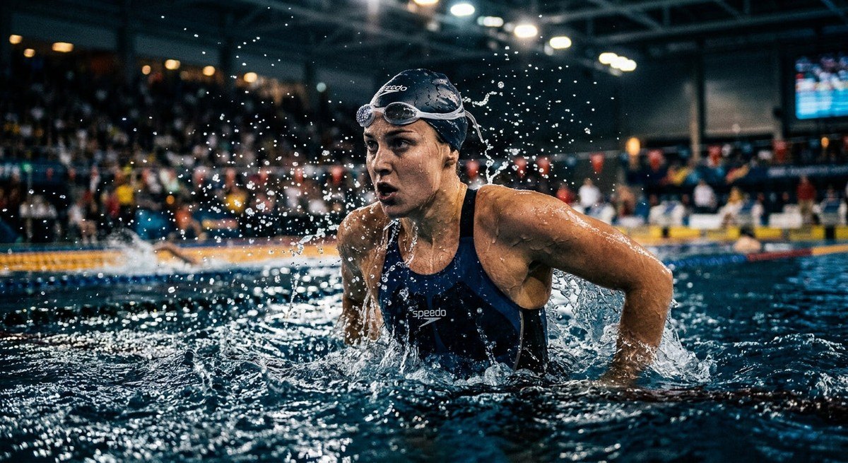 Close-up action shot of a swimmer surfacing in a pool, water droplets catching the sharp, moody stadium lights, highlighting athletic focus.