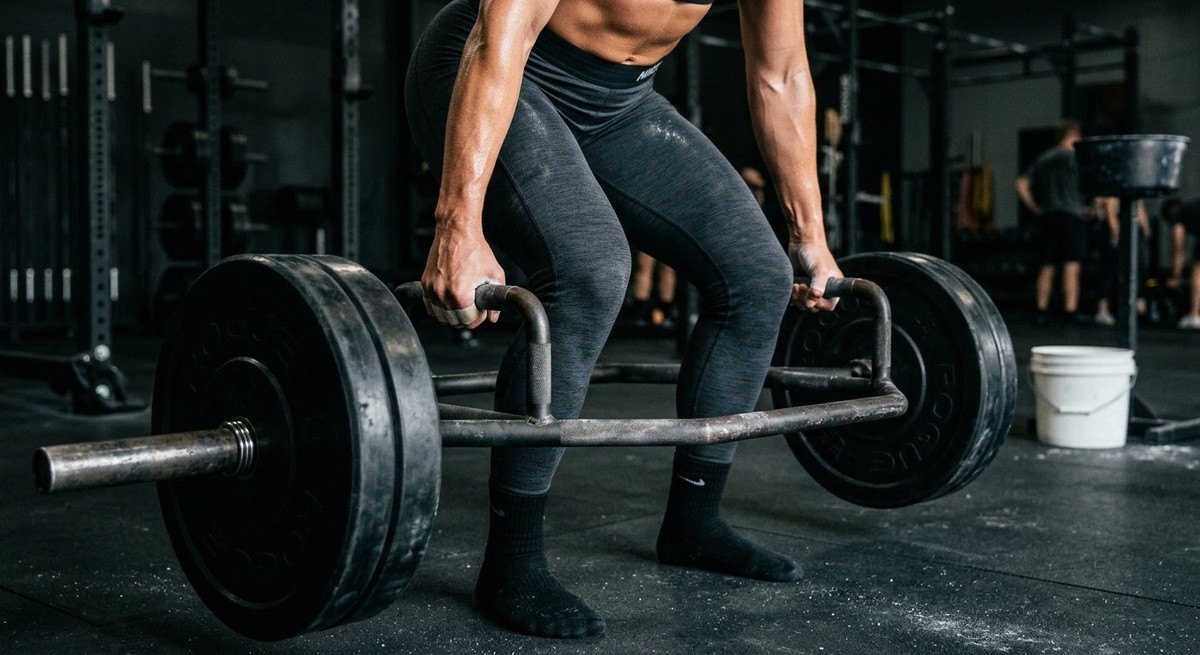 Close-up action shot of a trap bar deadlift showing the texture of the steel and the muscular engagement of the legs.